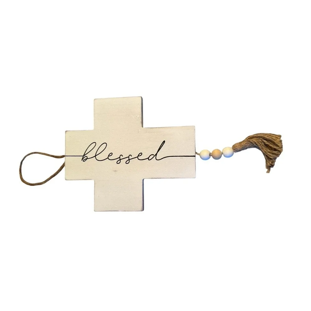 Blessed Cross Wood Art Wall Hanging Beads Tassel White Tan
